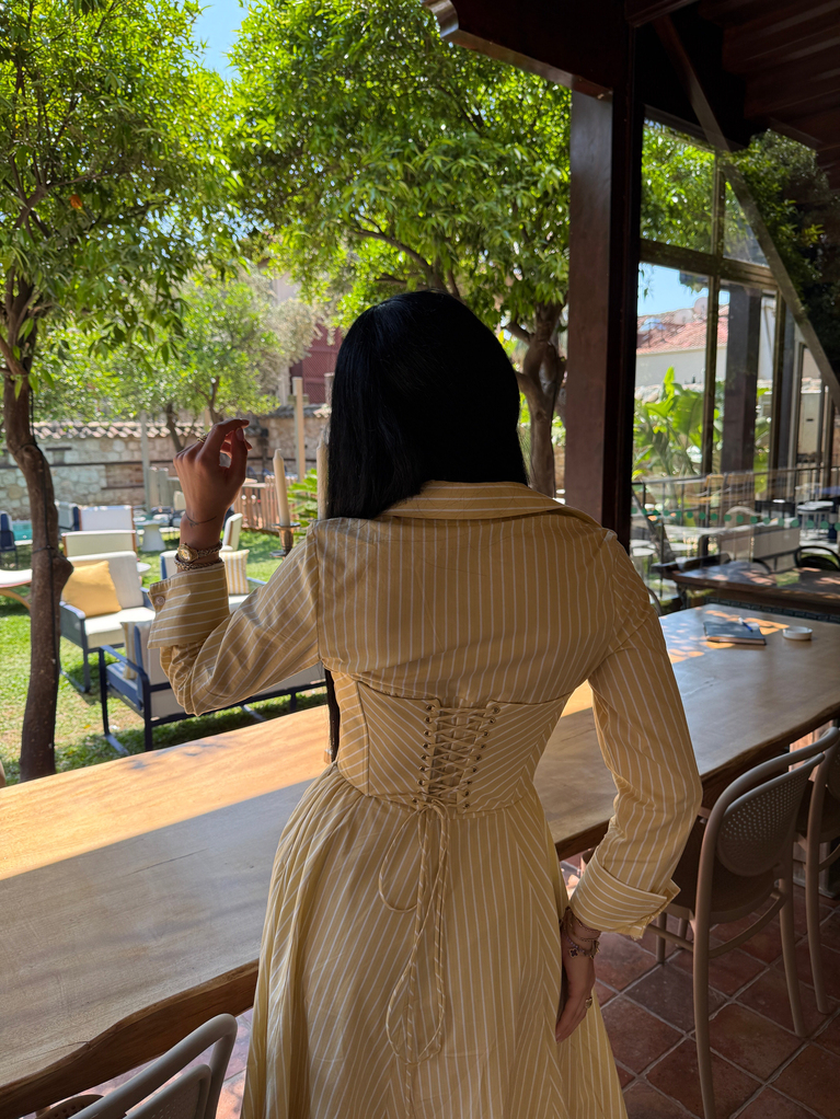 SARI ÇİZGİLİ KORSE CROP POPLİN