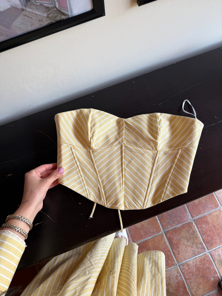 SARI ÇİZGİLİ KORSE CROP POPLİN
