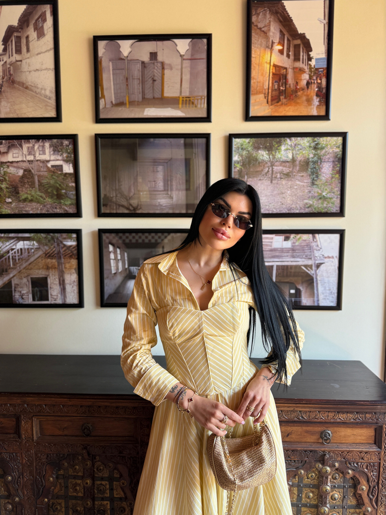 SARI ÇİZGİLİ KORSE CROP POPLİN