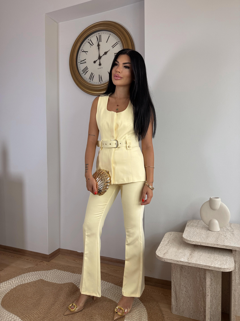 SARI KEMERLİ YELEK KUMAŞ PANTOLON TAKIM