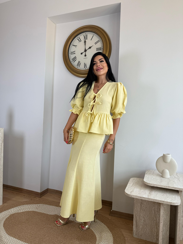 SARI KETEN BAĞLAMALI BLUZ ETEK TAKIM
