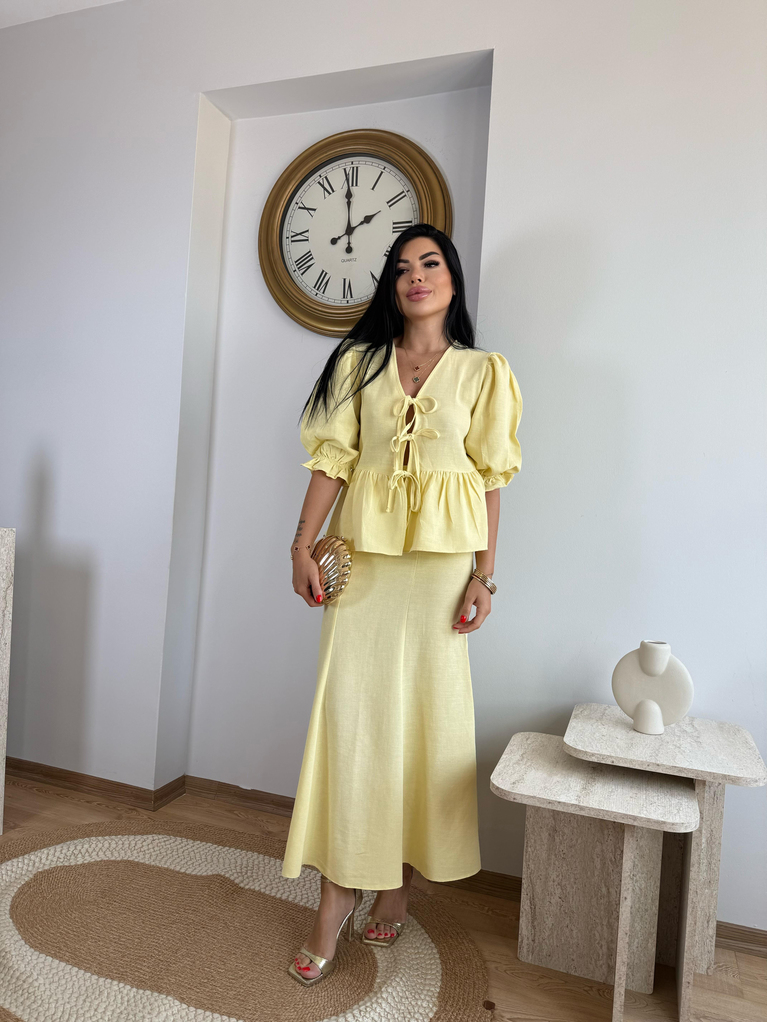 SARI KETEN BAĞLAMALI BLUZ ETEK TAKIM