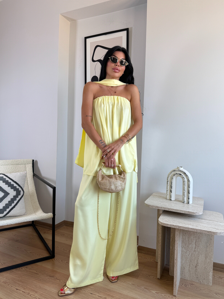 SARI TOK SATEN STRAPLEZ BLUZ DÖKÜMLÜ PALAZZO TAKIM