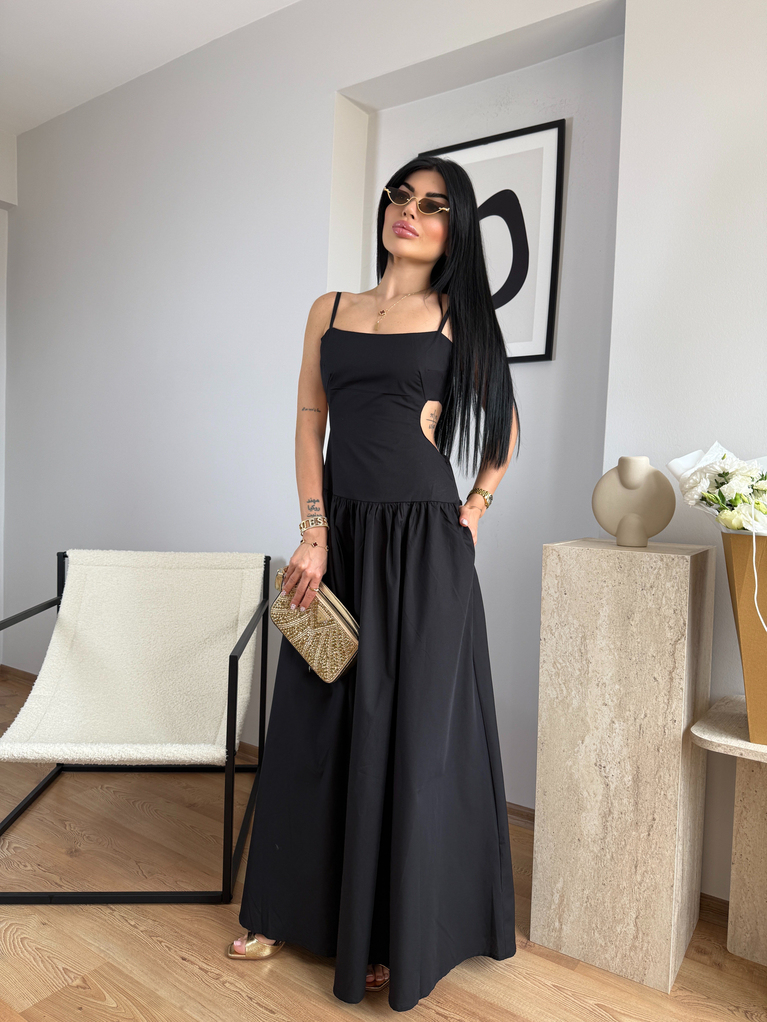 SİYAH DEKOLTE DETAYLI POPLİN MAXİ ELBİSE