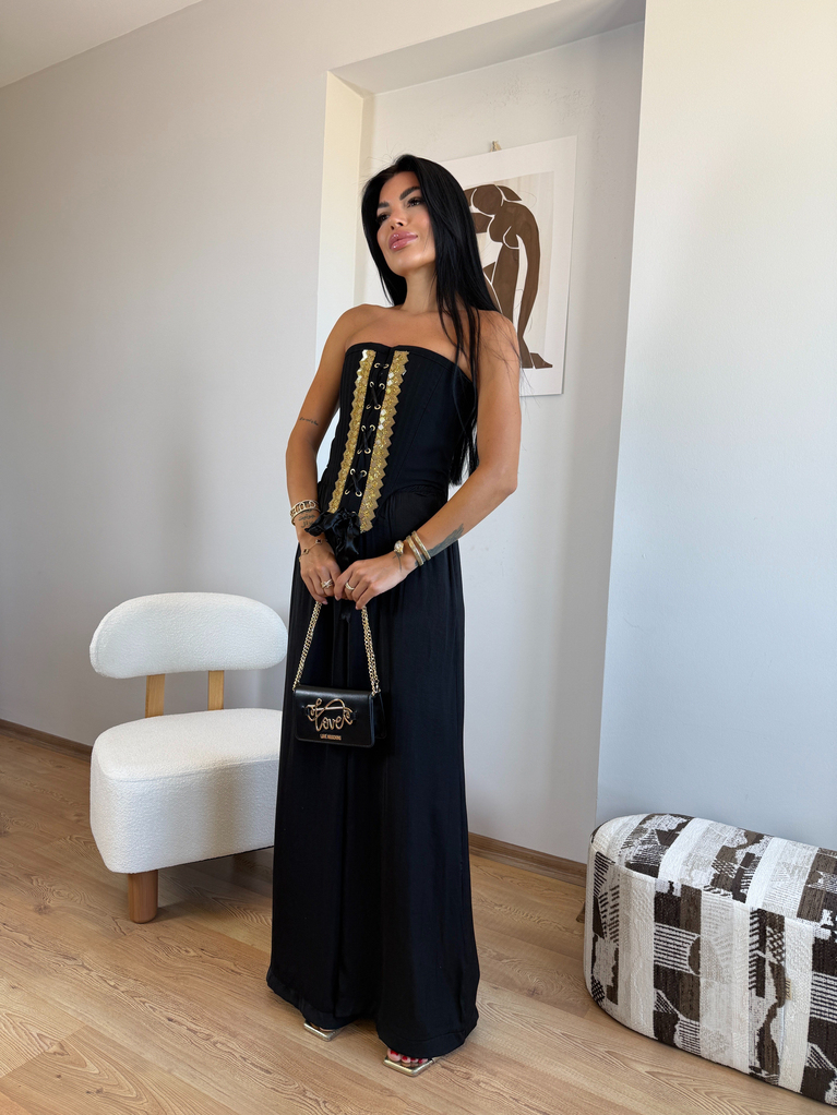 SİYAH GOLD TASARIM DETAYLI KORSE BLUZ