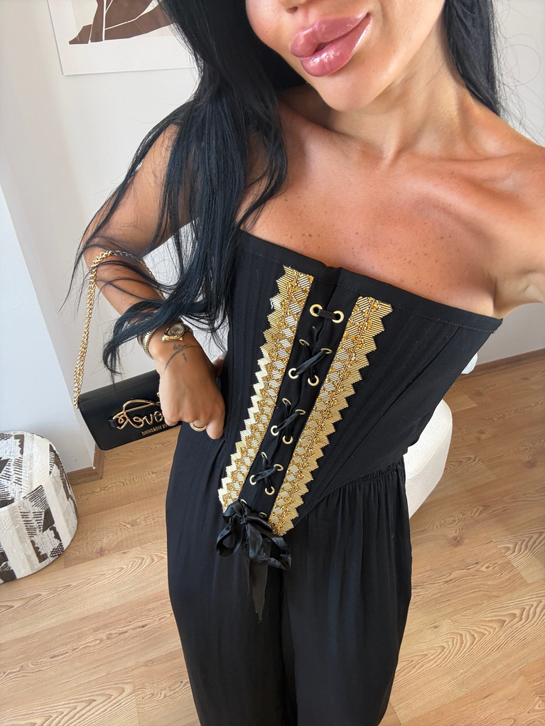 SİYAH GOLD TASARIM DETAYLI KORSE BLUZ