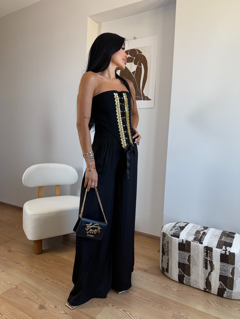 SİYAH GOLD TASARIM DETAYLI KORSE BLUZ