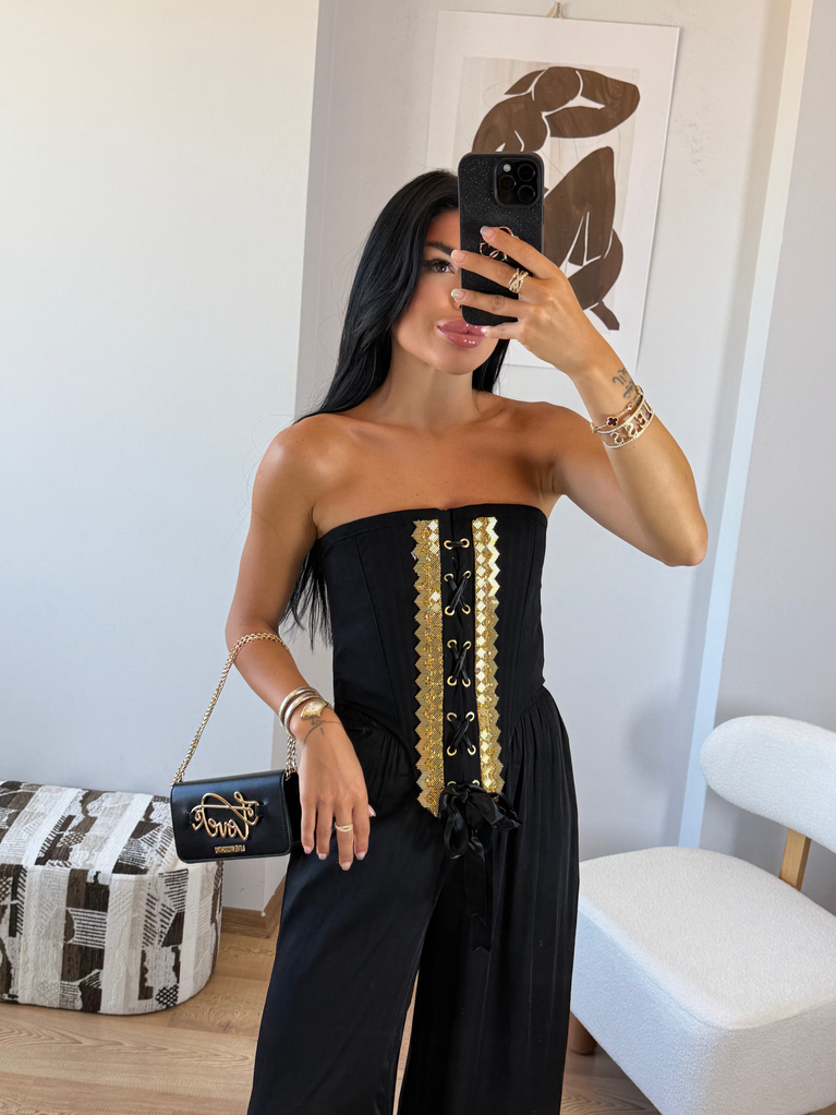 SİYAH GOLD TASARIM DETAYLI KORSE BLUZ