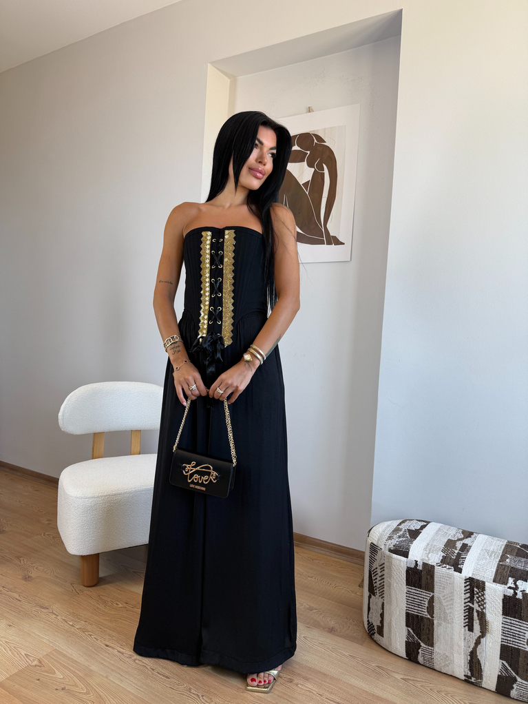 SİYAH GOLD TASARIM DETAYLI KORSE BLUZ