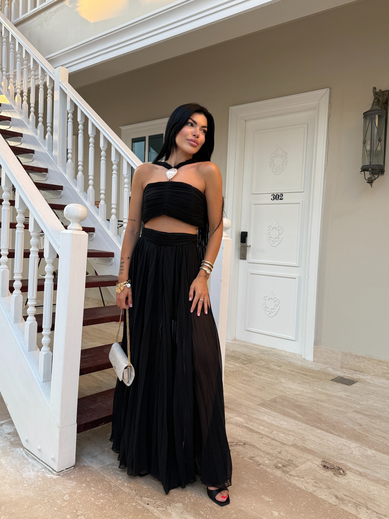 SİYAH NCTRN MODEL BÜSTİYER PİLİSELİ PANTOLON TAKIM