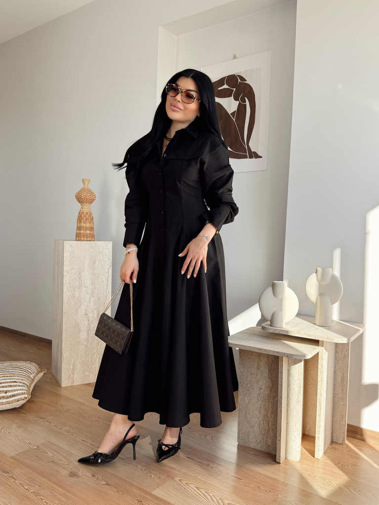 SİYAH POPLİN BEL OTURMALI ÇAN ELBİSE