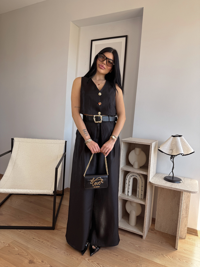 SİYAH SATEN GOLD DETAYLI YELEK VE KEMERLİ PALAZZO TAKIM