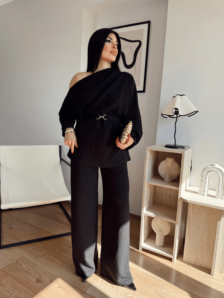 SİYAH TENSEL KUMAŞ OMZU DÜŞÜK SALAŞ TASARIM TAKIM