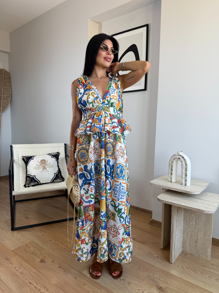 SUMMER DESENLİ BEL DETAYLI VE SIRT DEKOLTELİ KETEN  ELBİSE