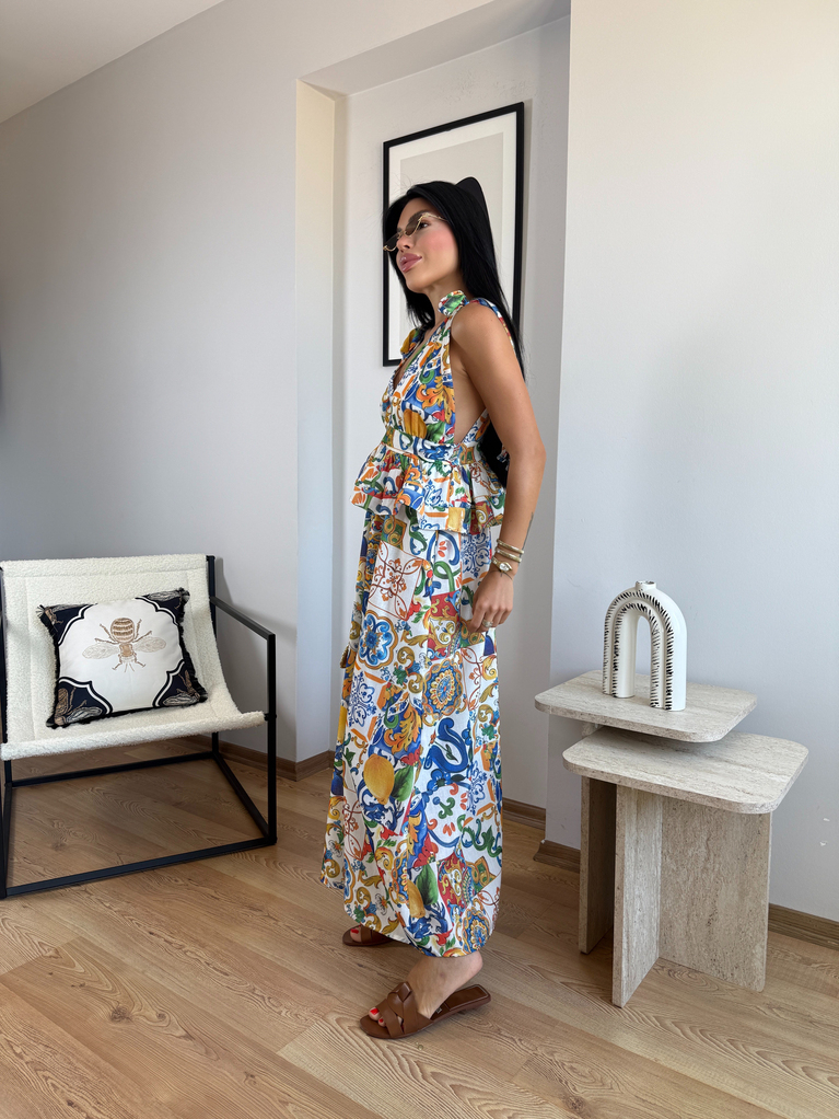 SUMMER DESENLİ BEL DETAYLI VE SIRT DEKOLTELİ KETEN  ELBİSE
