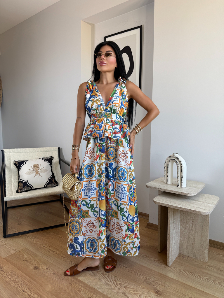 SUMMER DESENLİ BEL DETAYLI VE SIRT DEKOLTELİ KETEN  ELBİSE