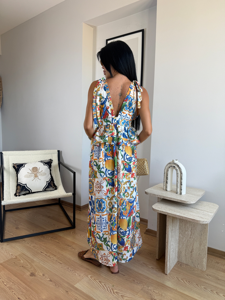 SUMMER DESENLİ BEL DETAYLI VE SIRT DEKOLTELİ KETEN  ELBİSE