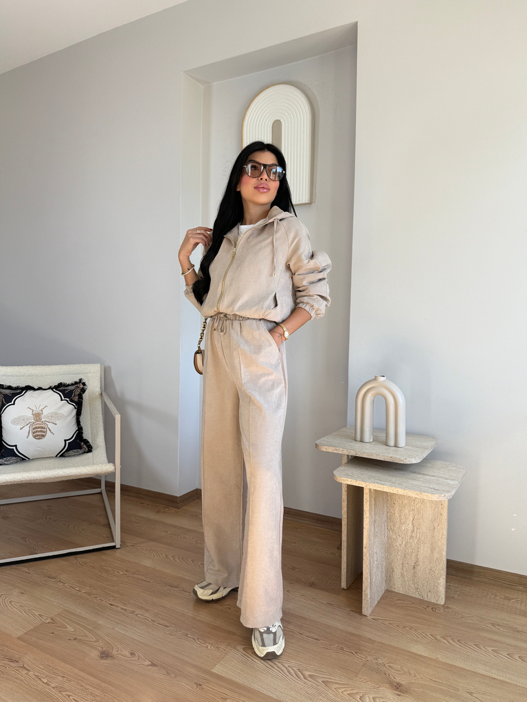TAŞ RENGİ TENSEL BOMBER PANTOLON TAKIM (gold fermuarlı)