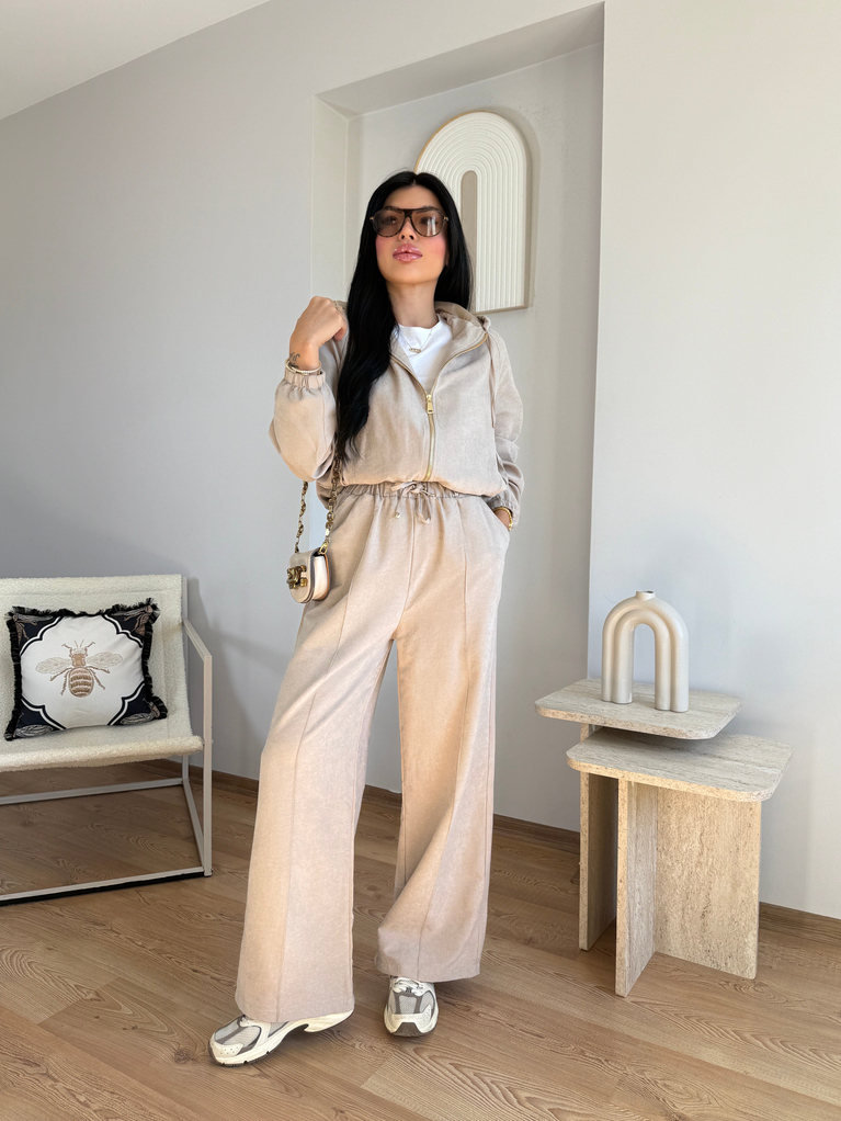 TAŞ RENGİ TENSEL BOMBER PANTOLON TAKIM (gold fermuarlı)