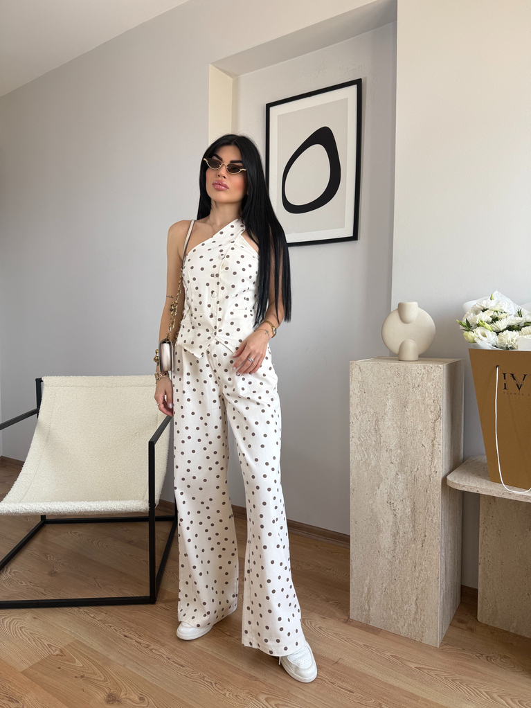 TEK OMUZ BLUZ PANTOLON KAHVE PUANTİYE GABARDİN TAKIM