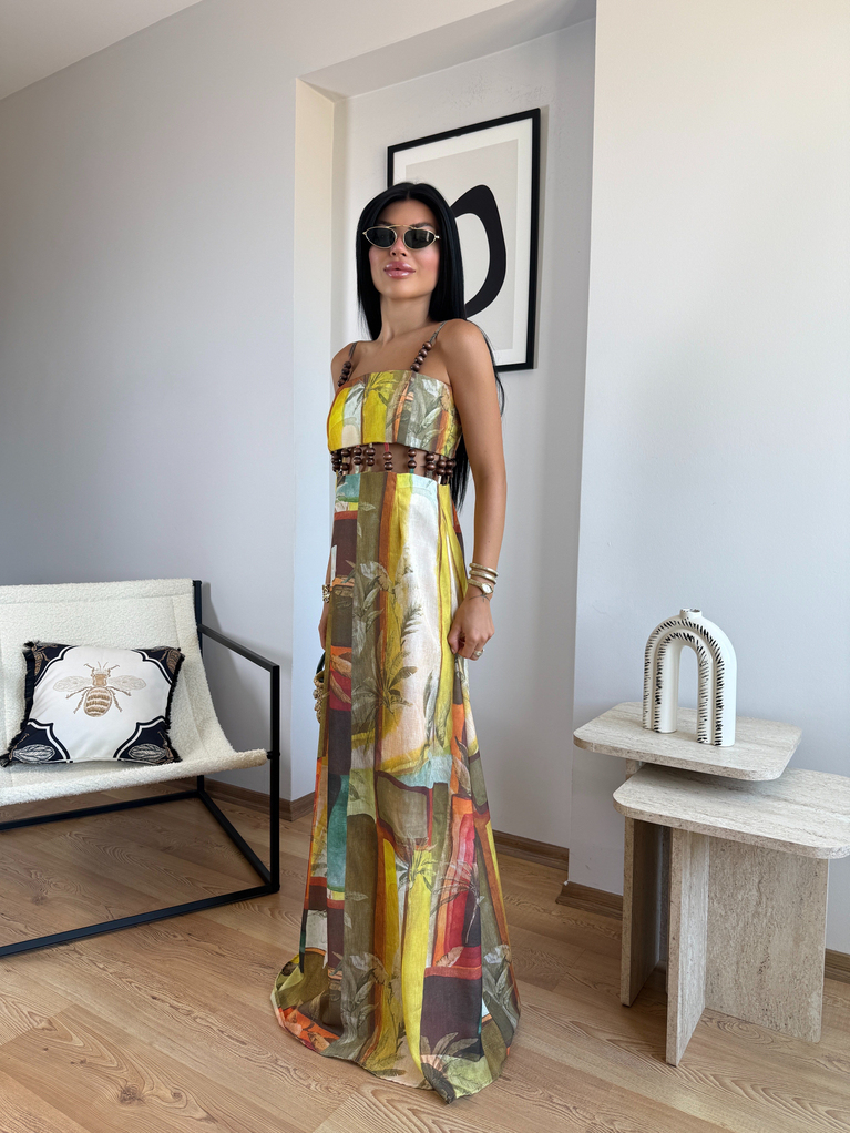 TROPİKCAL KETEN BONCUK DETAYLI MAXİ KETEN ELBİSE