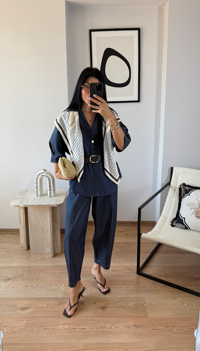 TWİST MODEL BALON PANTOLON GÖMLEK TENSEL KOT TAKIM KEMERLİ