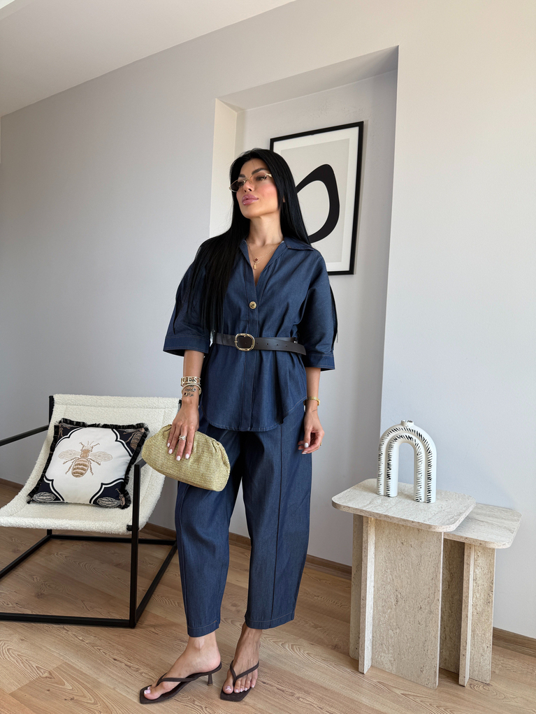 TWİST MODEL BALON PANTOLON GÖMLEK TENSEL KOT TAKIM KEMERLİ
