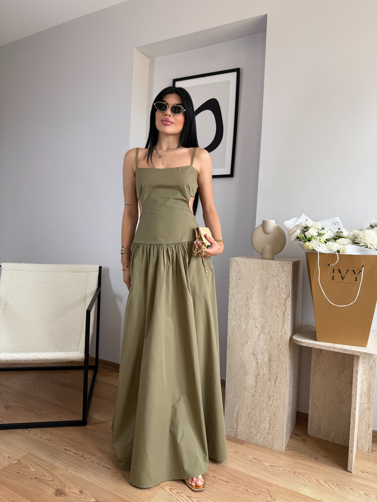 YAĞ YEŞİLİ DEKOLTE DETAYLI POPLİN MAXİ ELBİSE