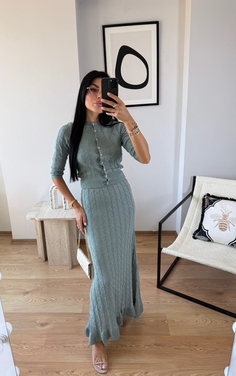YEŞİL SİMLİ İNCE TRİKO HIRKA ETEK TAKIM (ASTARSIZ)