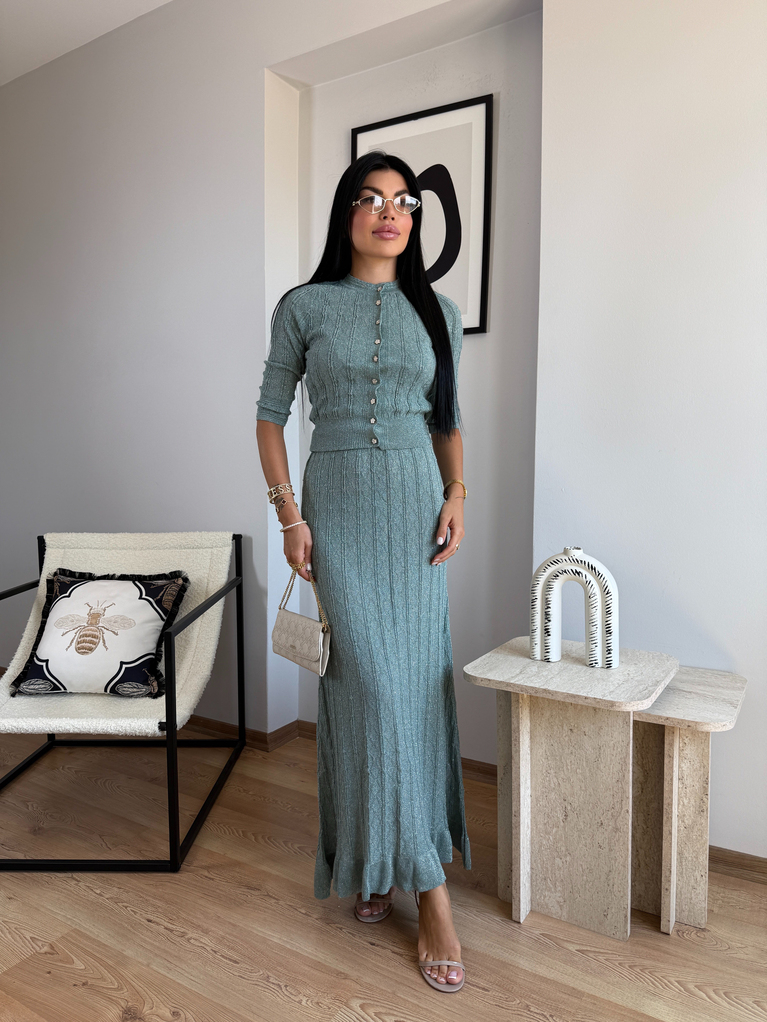 YEŞİL SİMLİ İNCE TRİKO HIRKA ETEK TAKIM (ASTARSIZ)