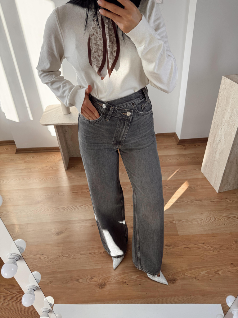 YÜKSEK BEL GRİ BEL DETAYLI JEAN 