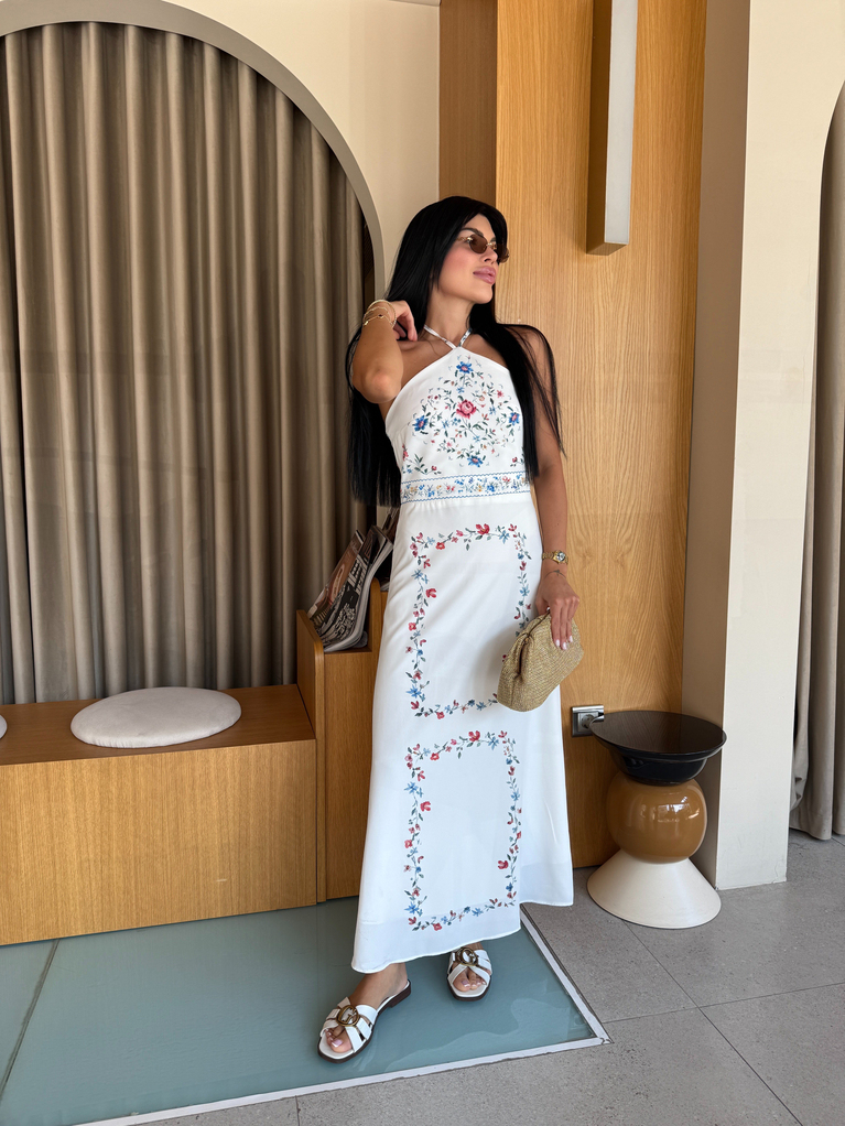 ZRA MODEL ÇİÇEK DESEN BOYUNDAN ELBİSE