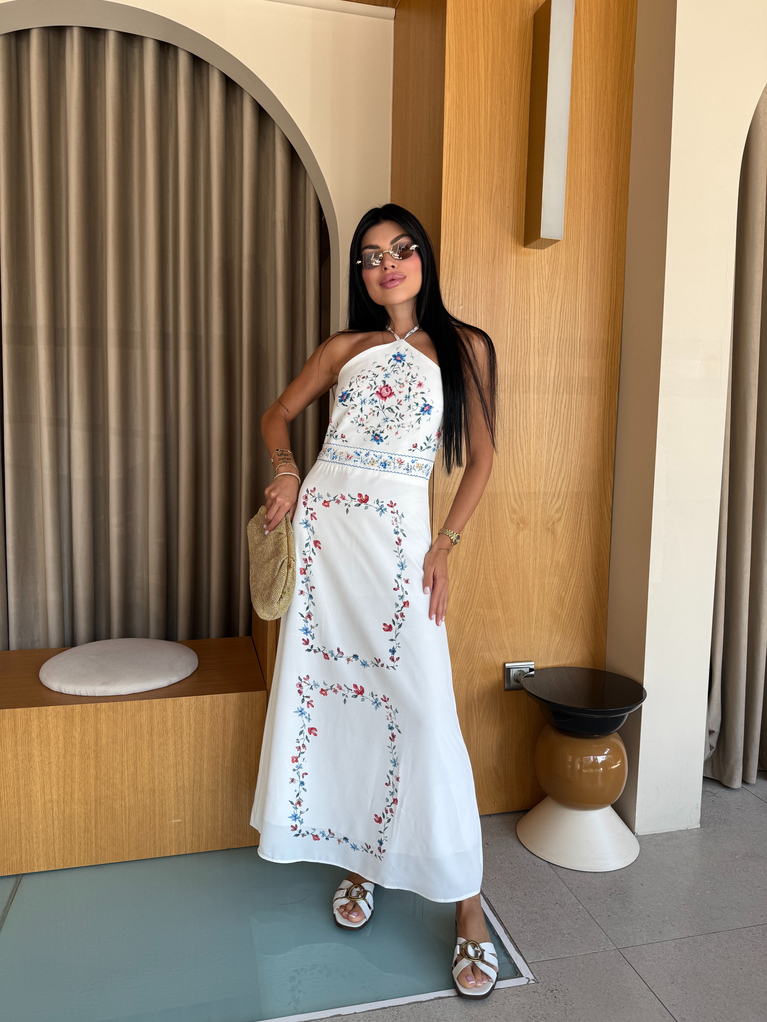 ZRA MODEL ÇİÇEK DESEN BOYUNDAN ELBİSE