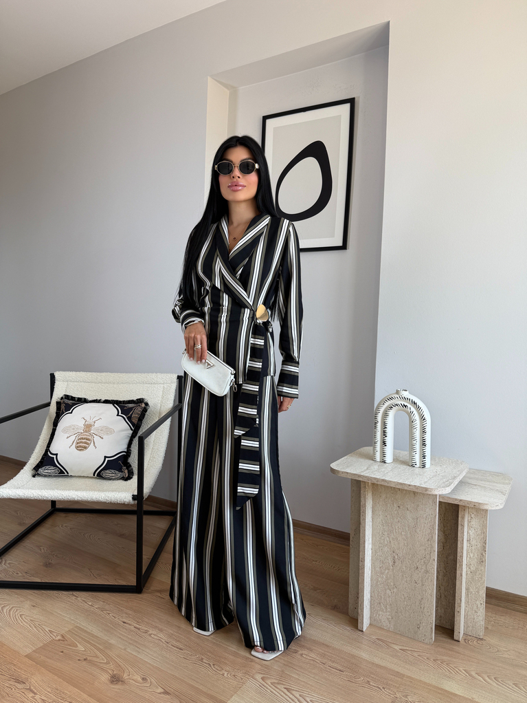 ZRA MODEL ÇİZGİLİ KRUVAZE CEKET PALAZZO TAKIM 