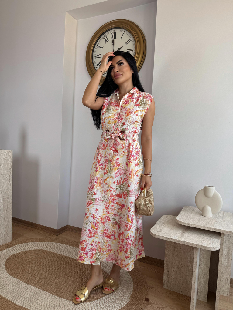 ZRA MODEL DESENLİ KETEN ELBİSE