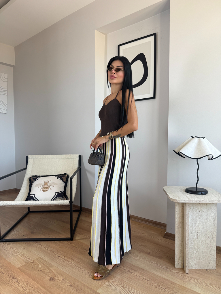 ZRA MODEL KAHVERENGİ ÇİZGİLİ TRİKO ELBİSE 