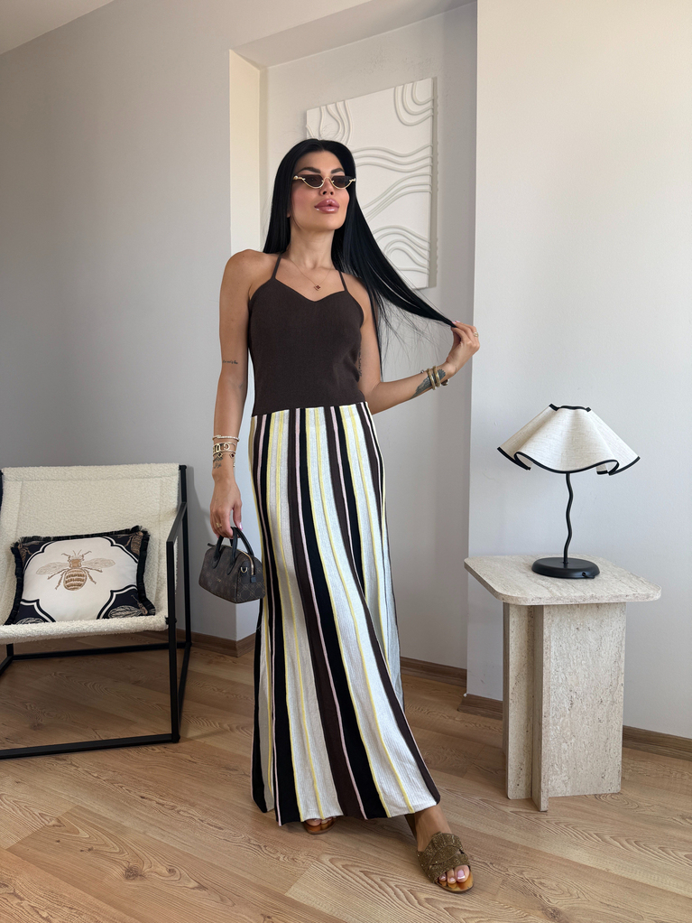 ZRA MODEL KAHVERENGİ ÇİZGİLİ TRİKO ELBİSE 
