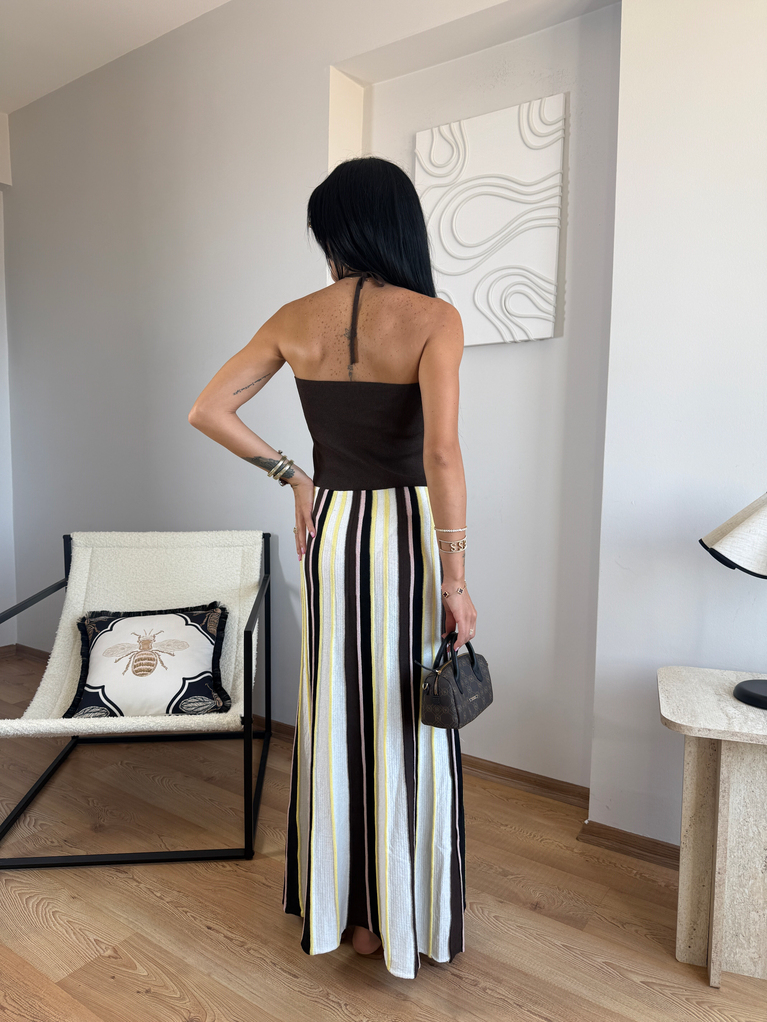 ZRA MODEL KAHVERENGİ ÇİZGİLİ TRİKO ELBİSE 