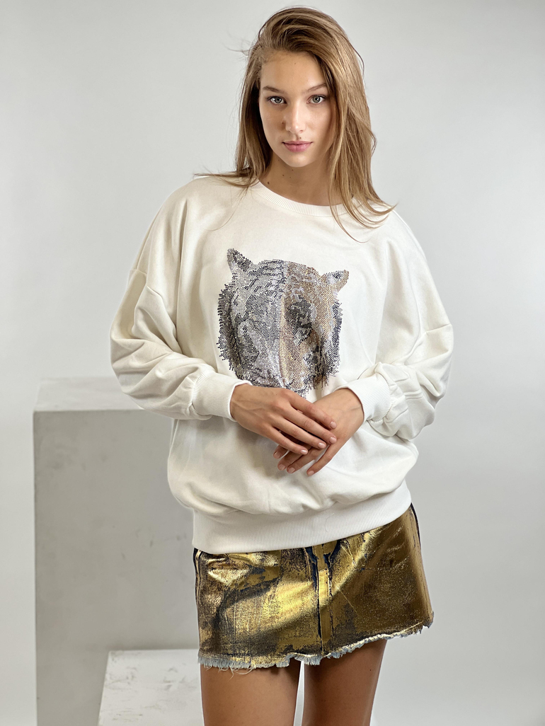 Ekru Taş Baskı Kaplan Detaylı Bisiklet Yaka Basic Kadın Sweatshirt - 173788-2
