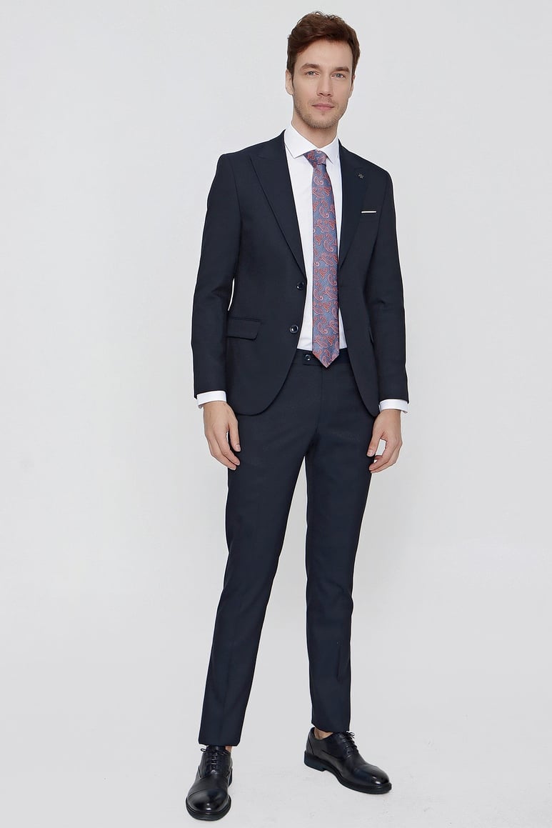Morven Erkek Lacivert Santos Jakarlı Slim Fit Dar Kesim Takım Elbise