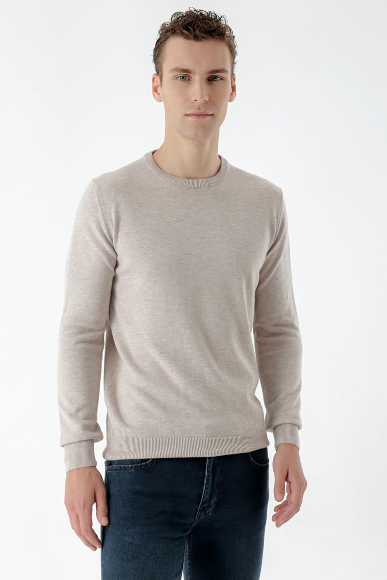 Morven Erkek Bej Basic Bisiklet Yaka Dynamic Fit Rahat Kesim Triko