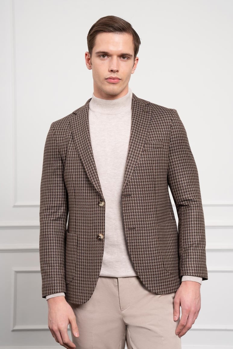 Morven Erkek KAHVE Dokuma Slim Fit Dar Kesim Mono Yaka Ceket