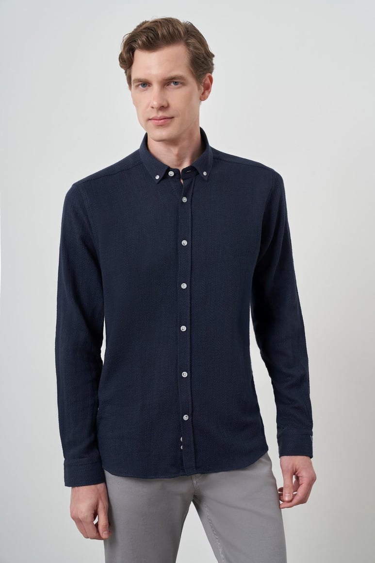 Morven Erkek Lacivert Trend Keten Slim Fit Düğmeli Yaka Gömlek