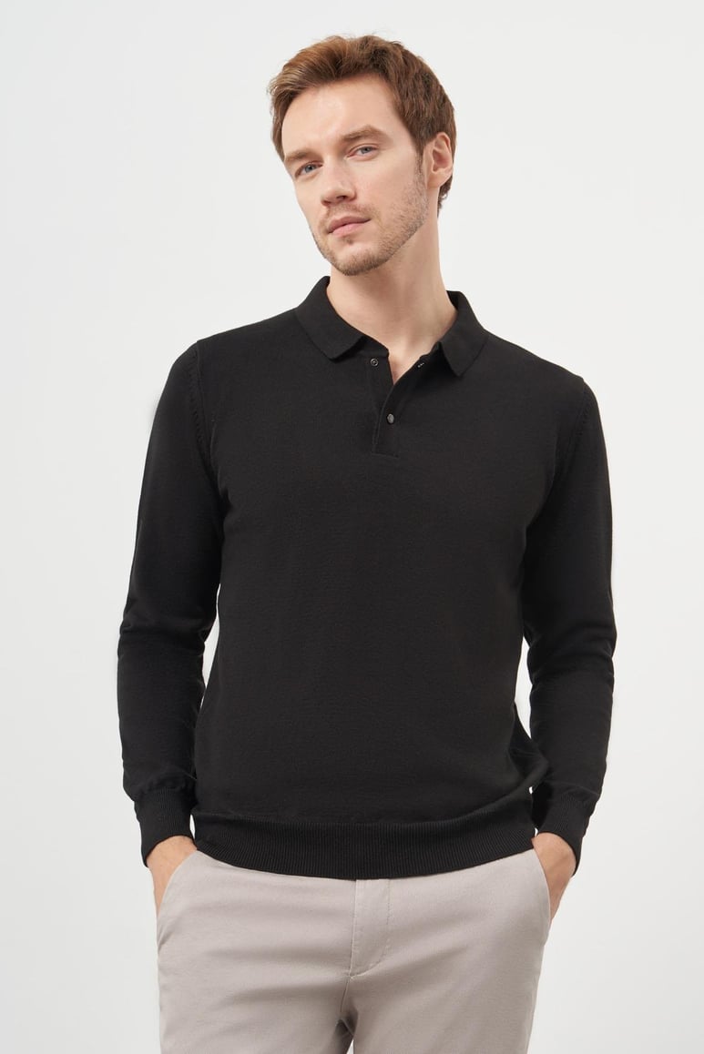 Morven Erkek Siyah Basic Polo Yaka Dynamic Fit Rahat Kesim Triko