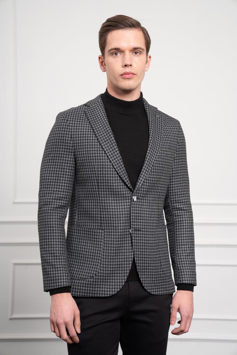 Morven Erkek Siyah Dokuma Slim Fit Dar Kesim Mono Yaka Ceket