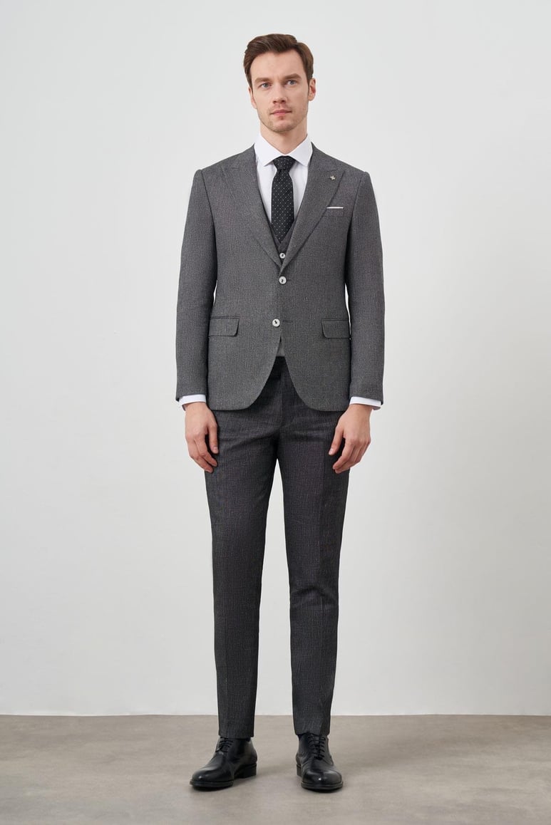 Morven Erkek Siyah Keten Kombinli Slim Fit Takım Elbise