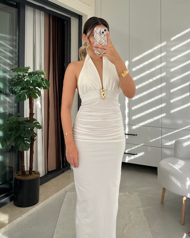 BEYAZ GOLD DETAY ELBİSE