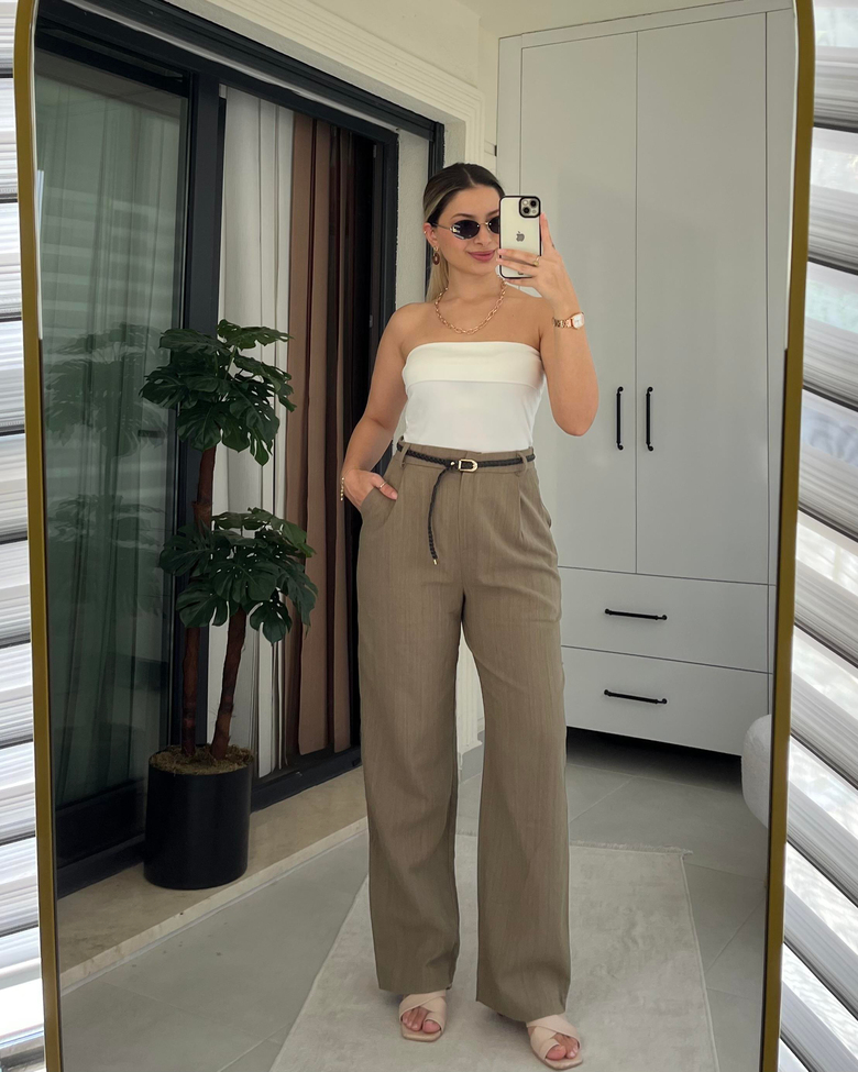 HAKİ KEMERLİ KETEN PANTOLON