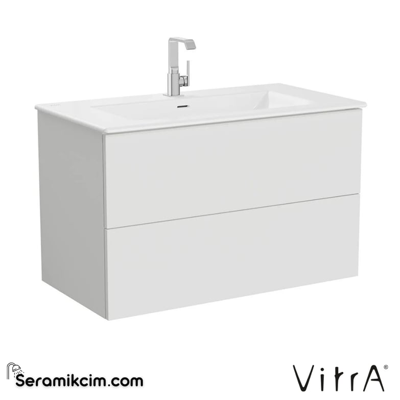 VitrA Metropole Pure Lavabo Dolabı 100 cm, iki çekmeceli standart lavabolu, mat açık gri 67210