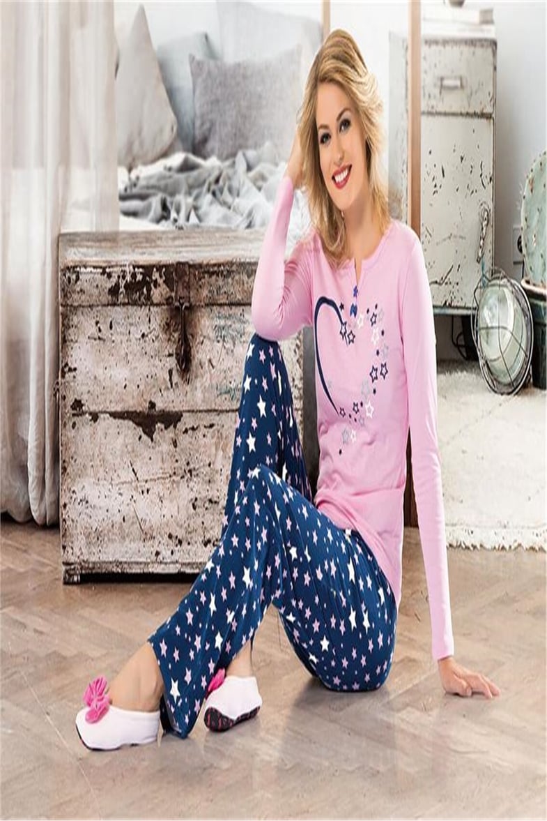 NBB 6940 Bayan V Yaka Yıldız Desenli Pijama Takımı